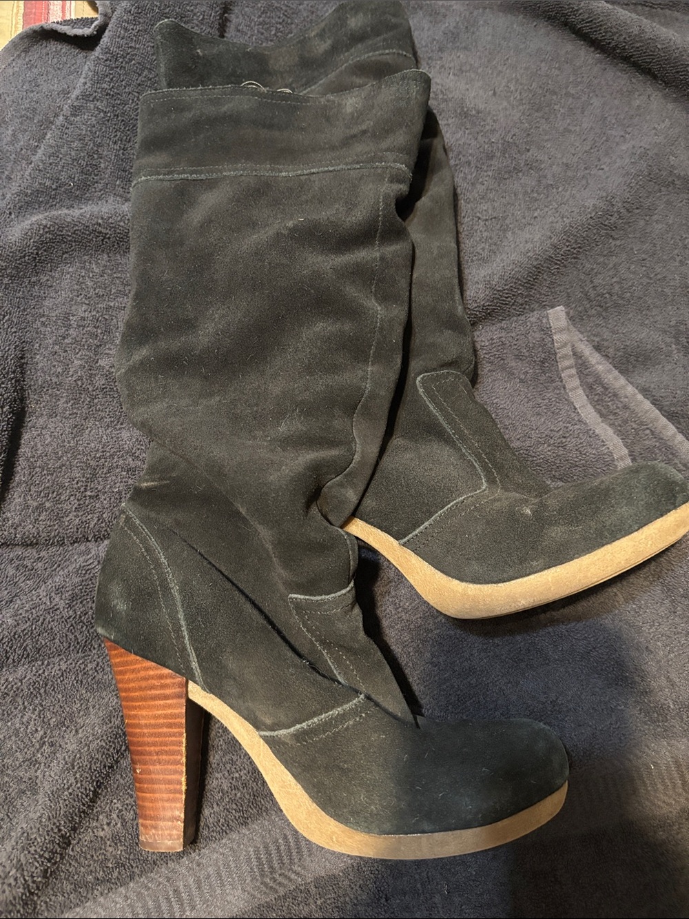 Colin Stuart Black Suede High-Heel Knee Boots with Wood-Tone Heel